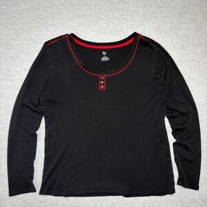 Sleep Chic Womens Pajama Top Large Black Red Henley Long Sleeve Cotton Lounge